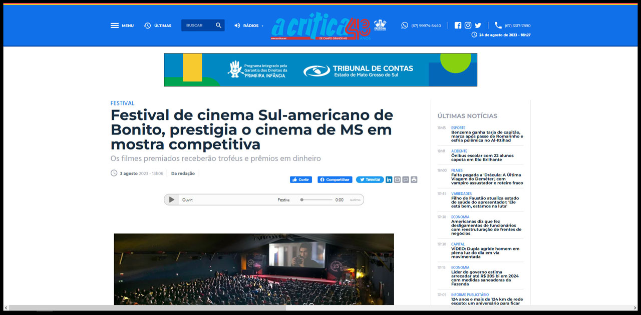 Festival de cinema Sul-americano de Bonito, prestigia o cinema de MS em mostra competitiva