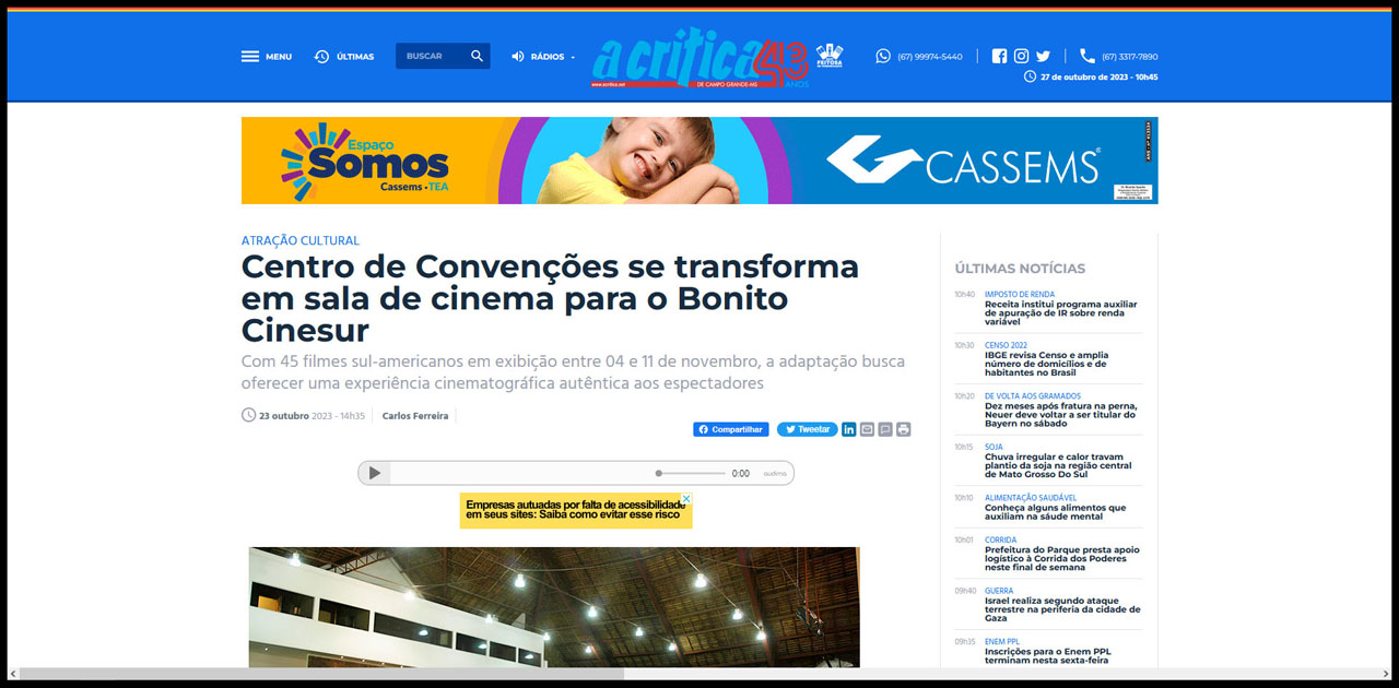 Centro de Convenções se transforma em sala de cinema para o Bonito CineSur