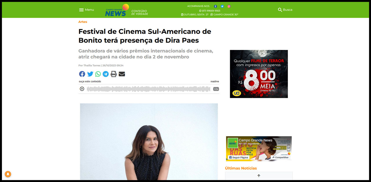 Festival de Cinema Sul-Americano de Bonito terá presença de Dira Paes