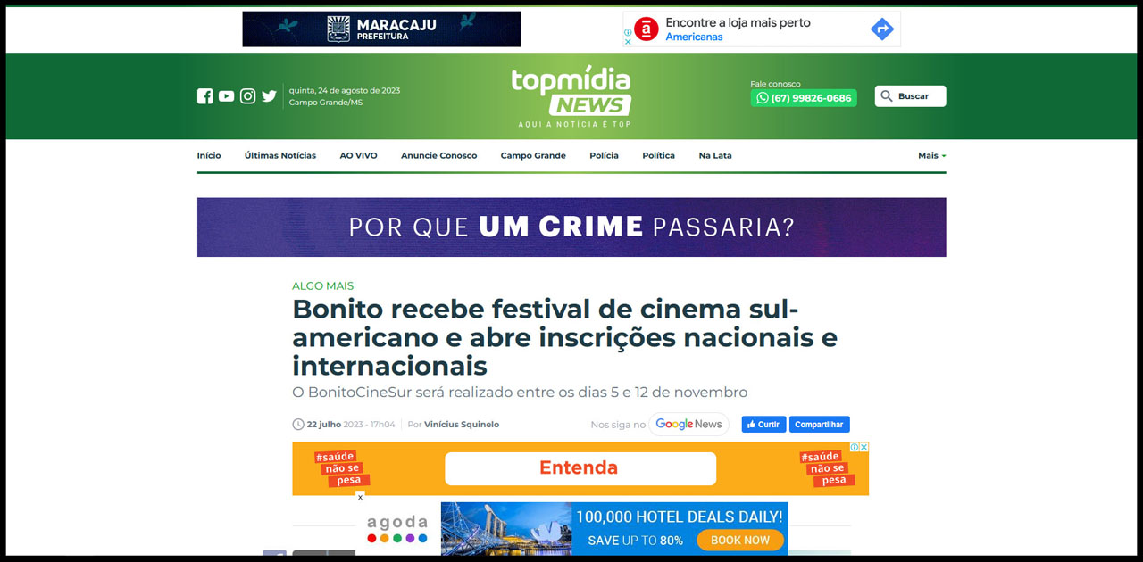 Bonito recebe festival de cinema sul-americano e abre inscrições nacionais e internacionais