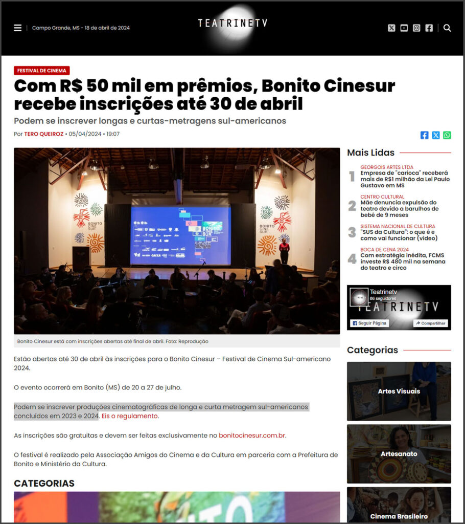 TeatrineTV: Com R$ 50 mil em prêmios, Bonito CineSur recebe inscrições até 30 de abril