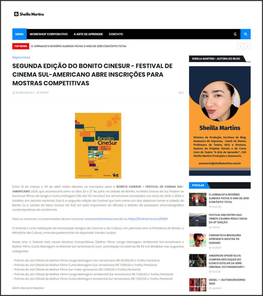 Sheilla Martins: Segunda edição do Bonito CineSur abre inscrições para mostras competitivas
