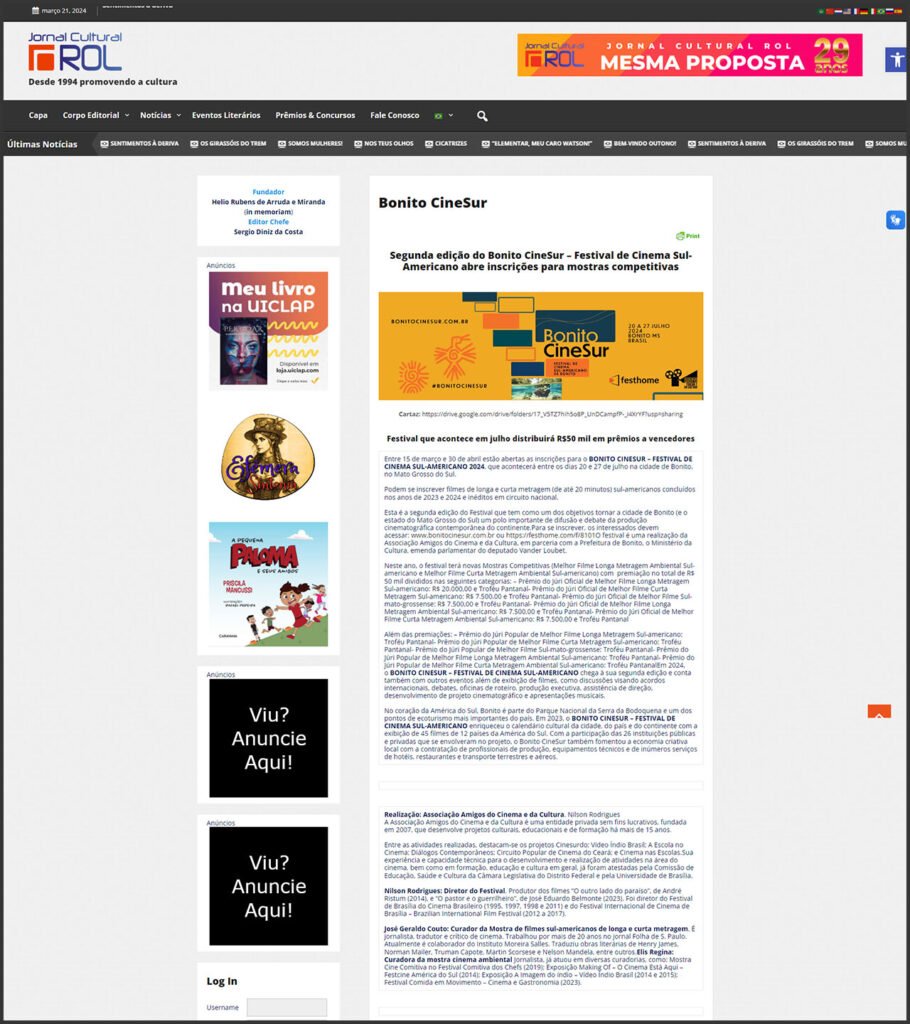 Jornal Cultural Rol: Segunda edição do Bonito CineSur abre inscrições para mostras competitivas