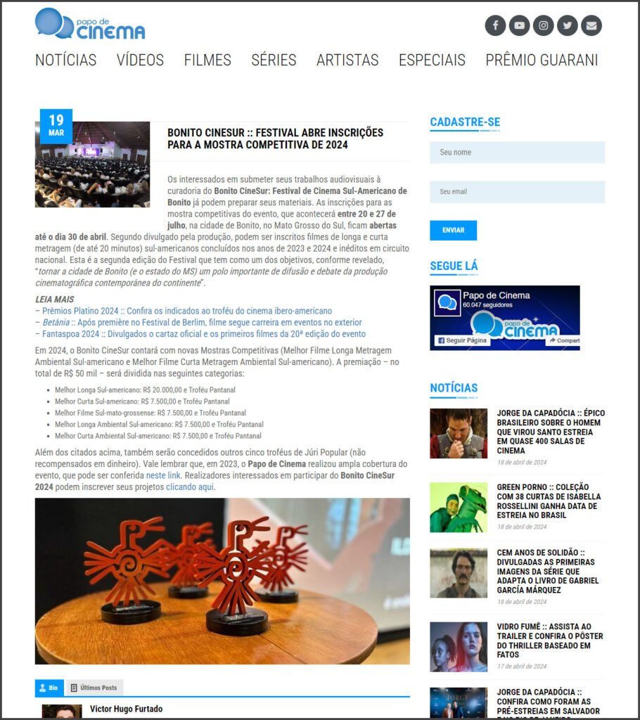 Papo de Cinema: Bonito CineSur - Festival abre inscrições para a mostra competitiva de 2024