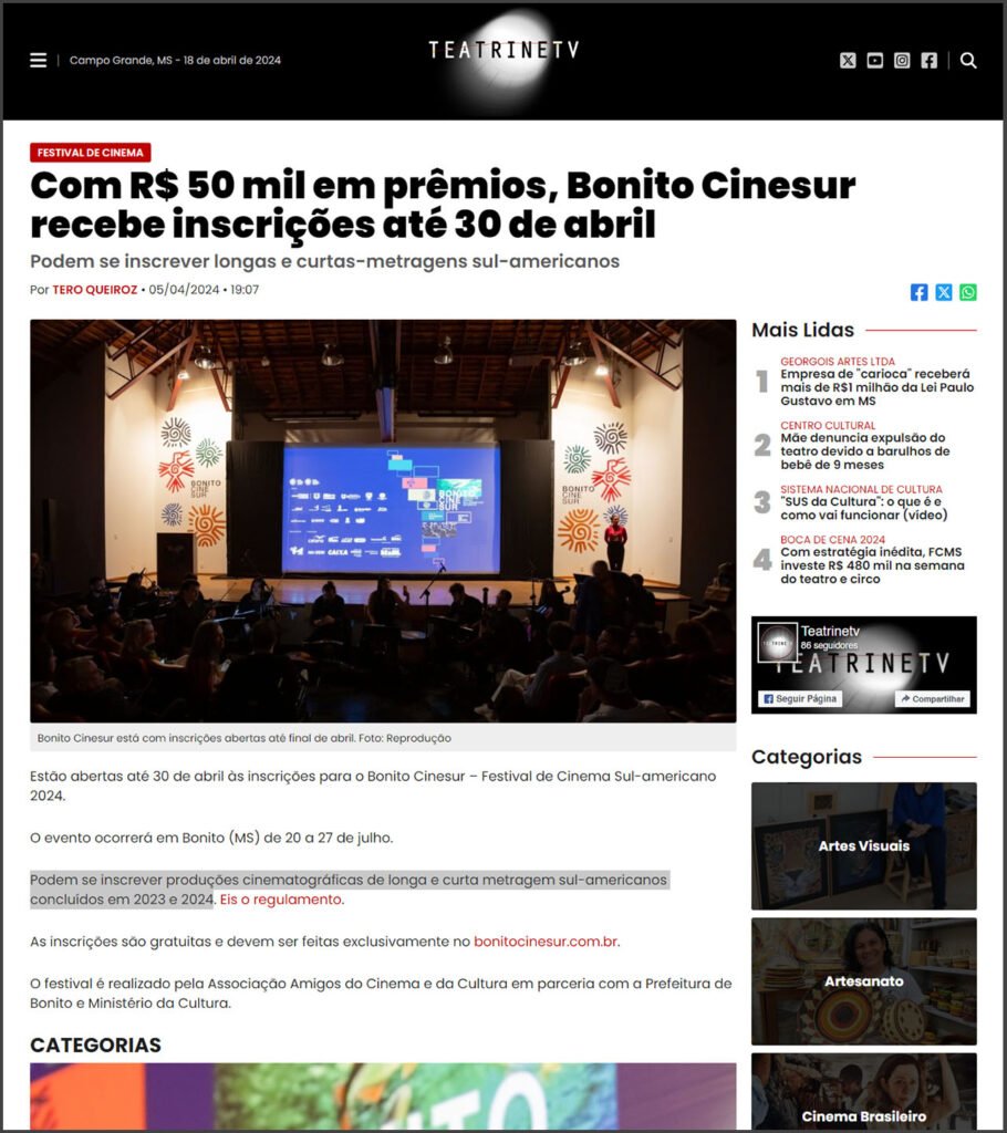 TeatrineTV: Com R$ 50 mil em prêmios, Bonito CineSur recebe inscrições até 30 de abril