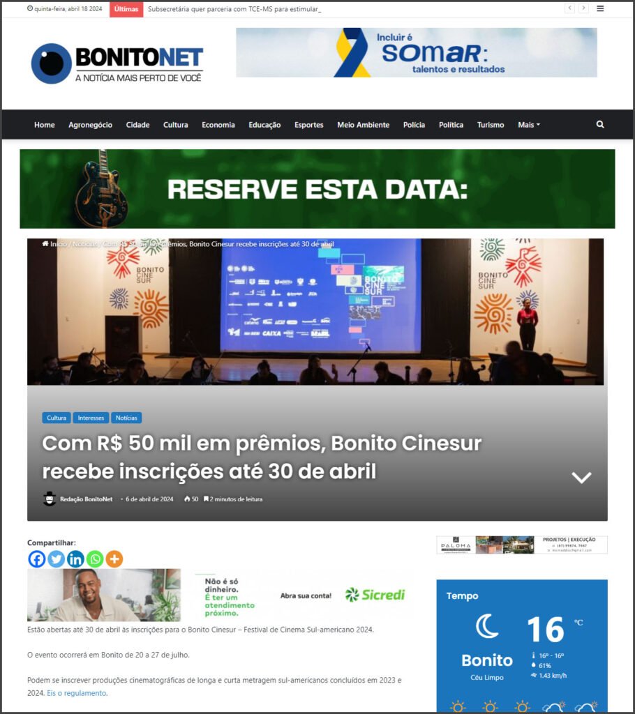 BonitoNet: Com R$ 50 mil em prêmios, Bonito CineSur recebe inscrições até 30 de abril