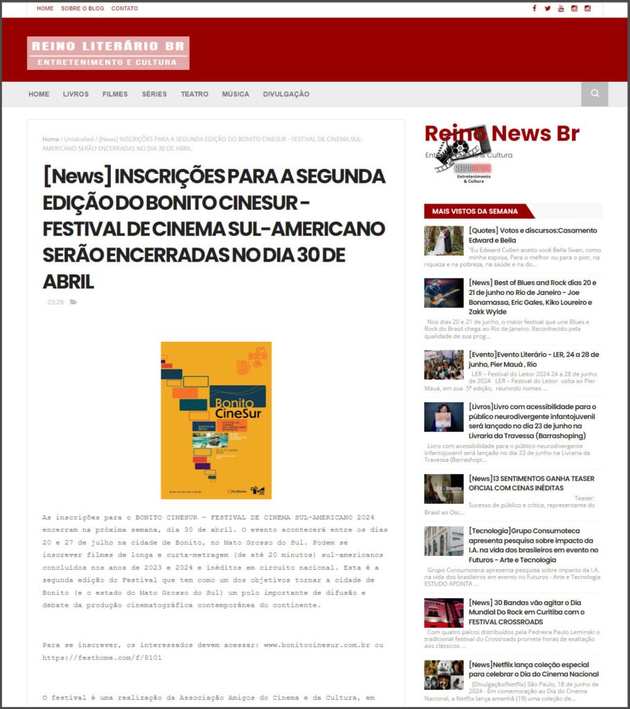 Reino Literário BR: Inscrições para a 2ª edição do Bonito CineSur serão encerradas no dia 30 de abril