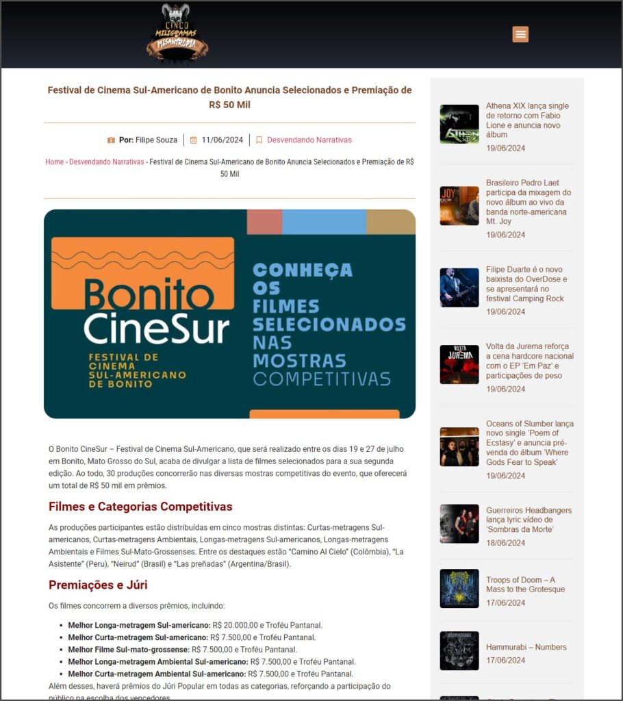 Cinco Miligramas Misantropia: Bonito CineSur anuncia selecionados e premiação de R$ 50 mil