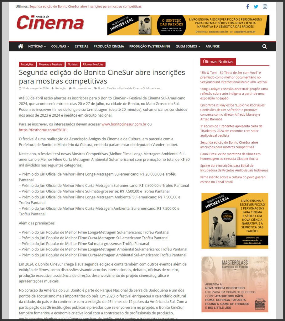 Revista de Cinema: Segunda edição do Bonito CineSur abre inscrições para mostras competitivas
