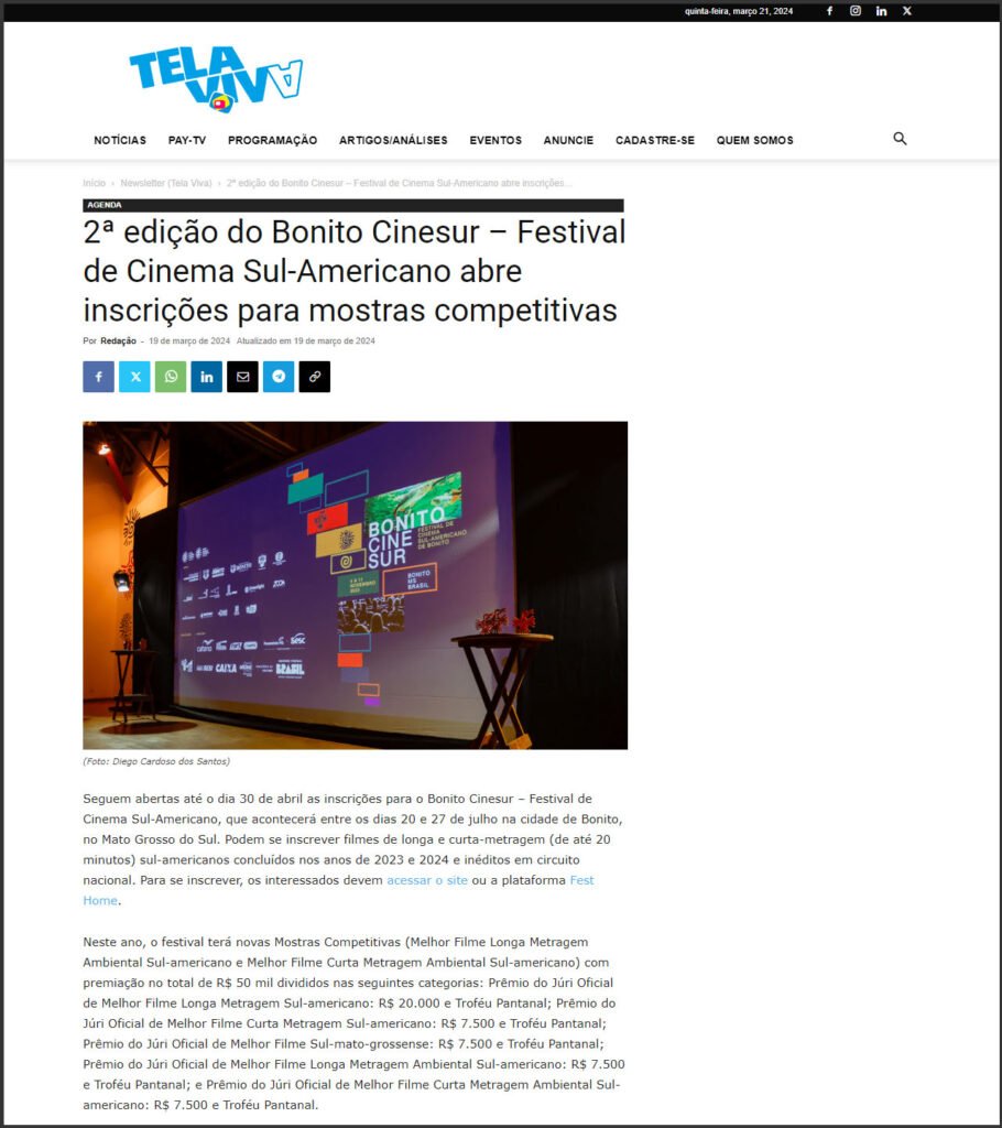Tela Viva: 2ª edição do Bonito CineSur abre inscrições para mostras competitivas
