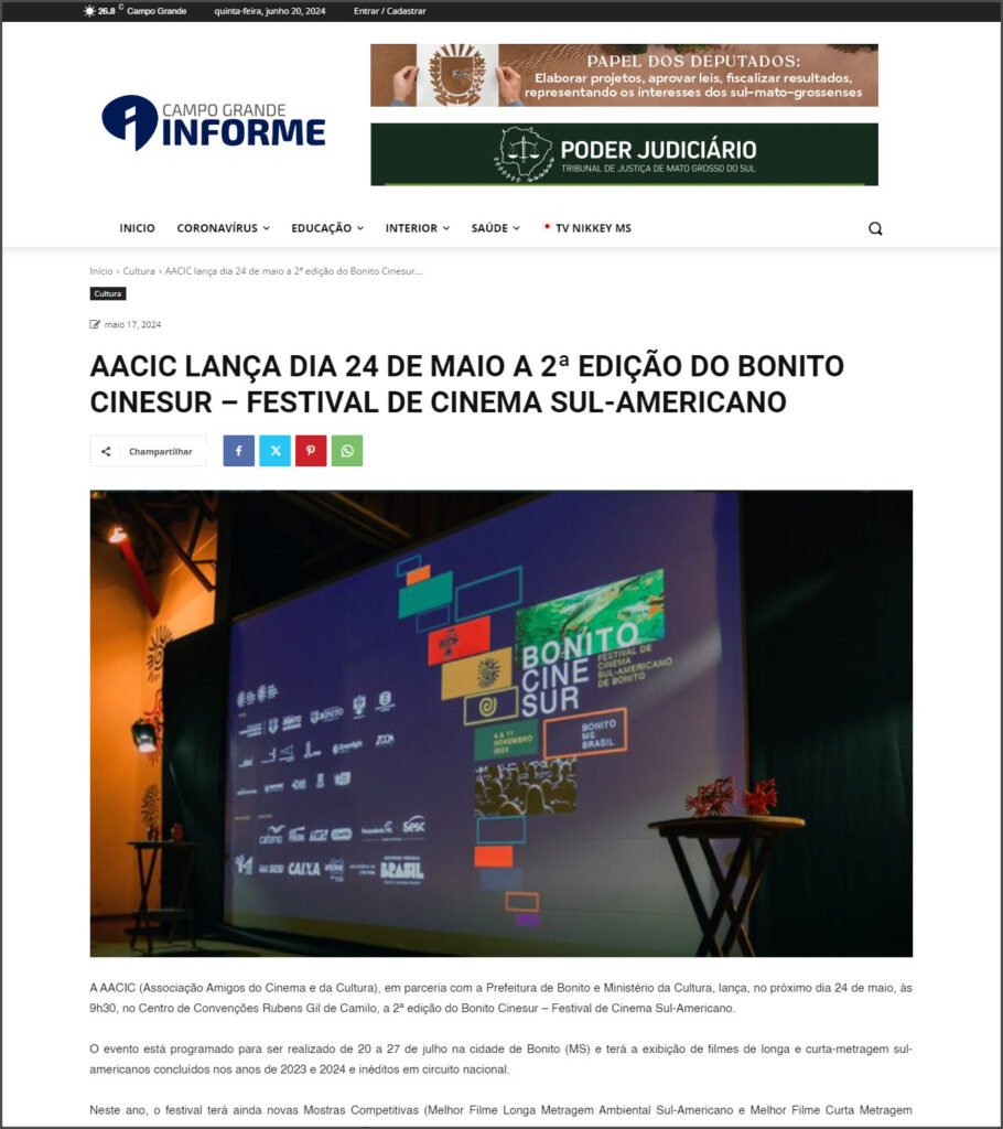 Campo Grande Informe: AACIC lança dia 24 de maio a 2ª edição do Bonito CineSur