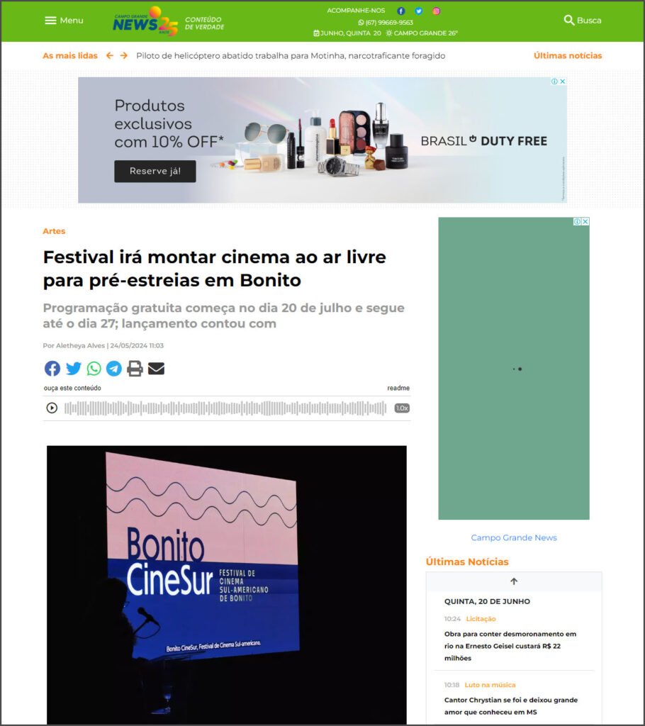 Campo Grande News: Festival irá montar cinema ao ar livre para pré-estreias em Bonito