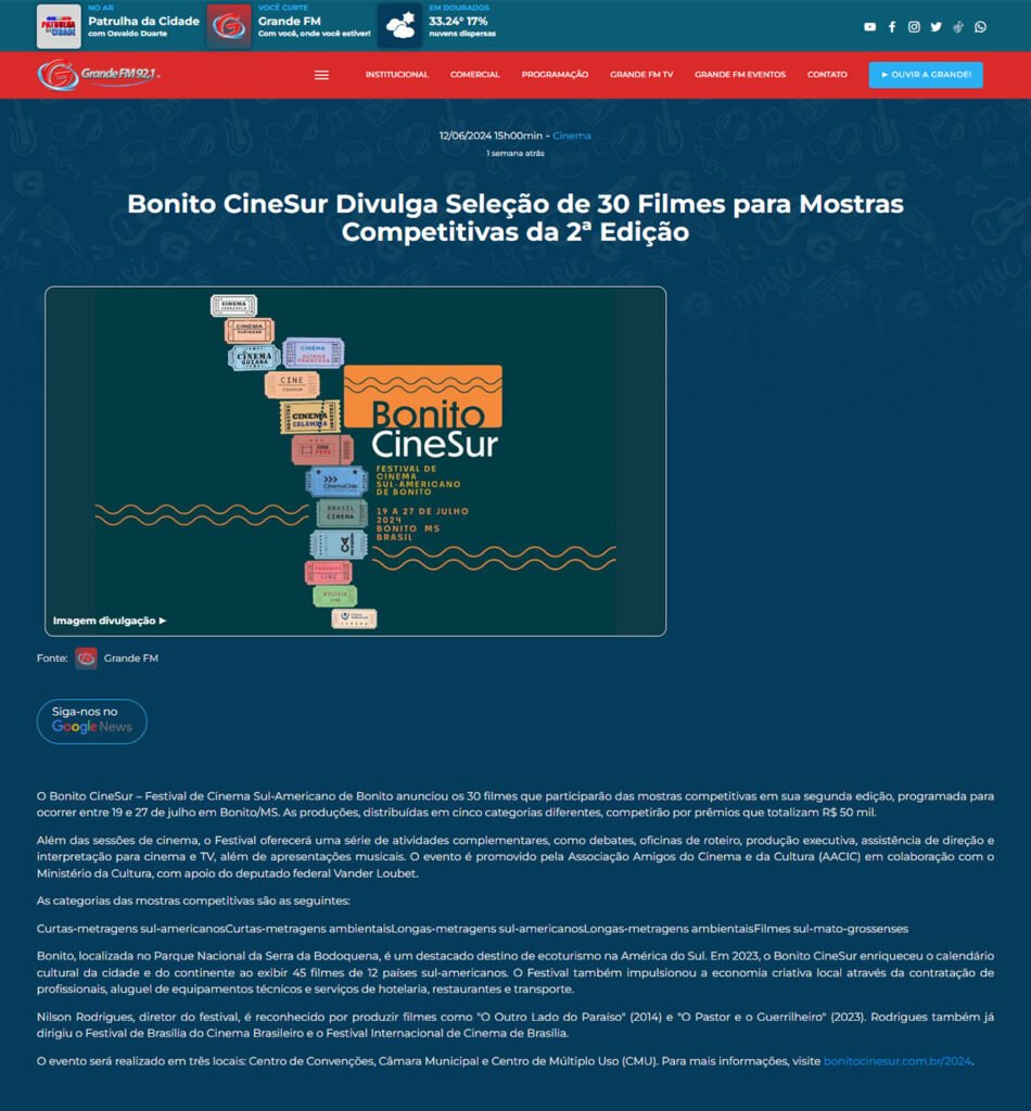 Grande FM: Bonito CineSur divulga seleção de 30 filmes para mostras da 2ª edição