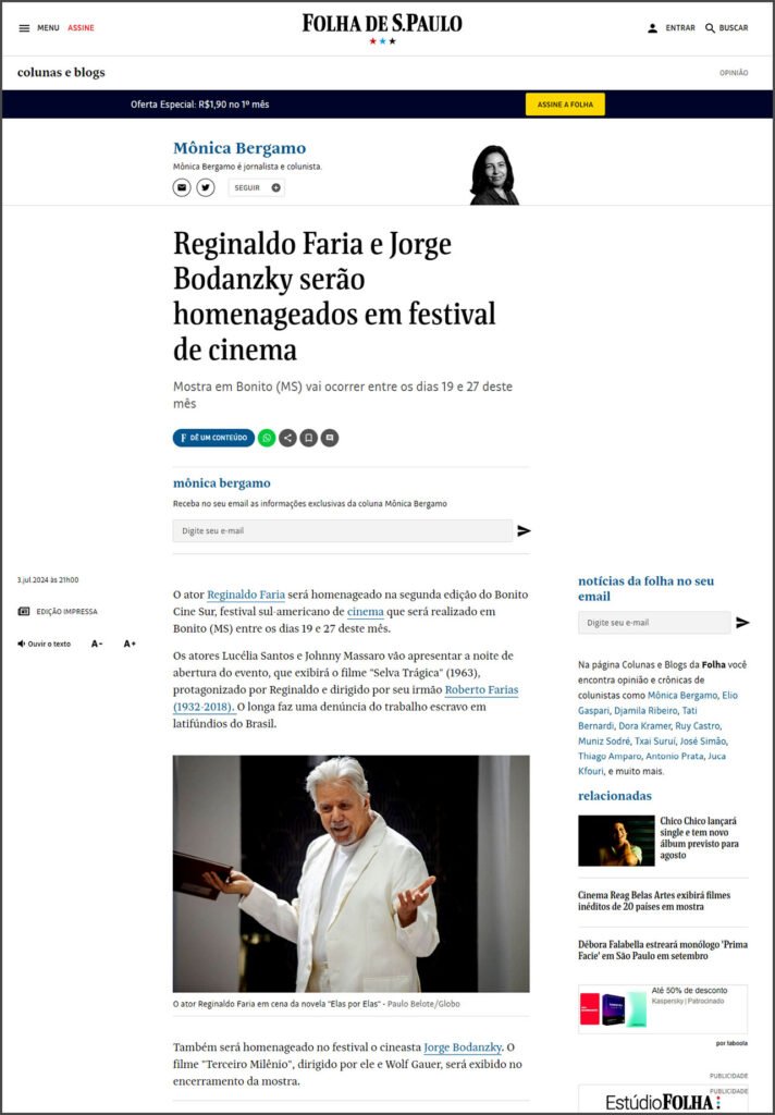 Folha de S. Paulo: Reginaldo Faria e Jorge Bodanzky serão homenageados em festival de cinema