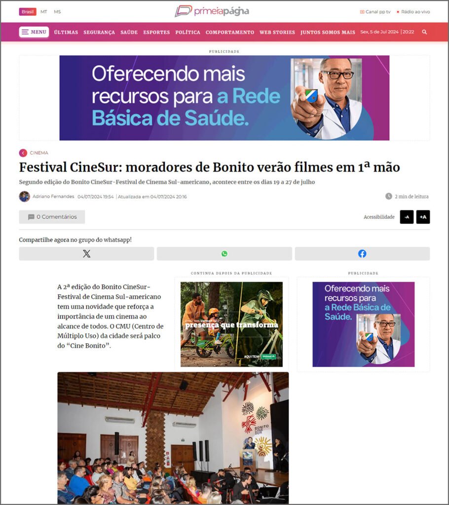 Primeira Página: Festival CineSur - moradores de Bonito verão filmes em 1ª mão