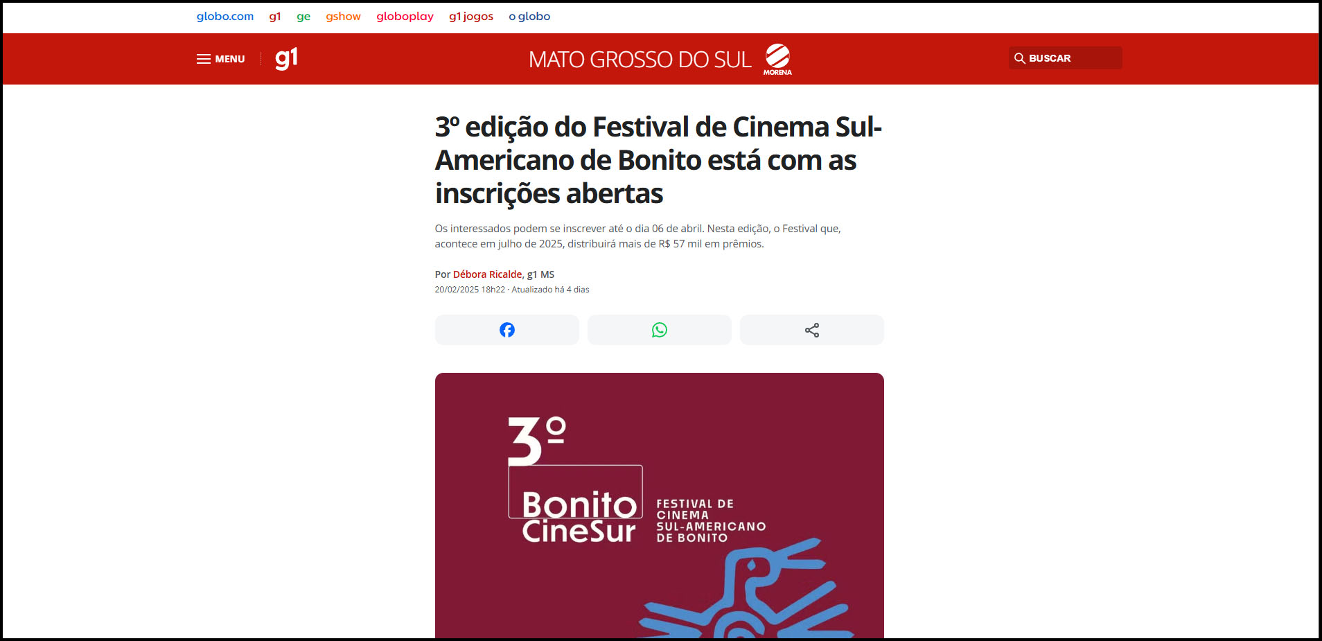 G1: 3º edição do Festival de Cinema Sul-Americano de Bonito está com as inscrições abertas G1: 3º edição do Festival de Cinema Sul-Americano de Bonito está com as inscrições abertas