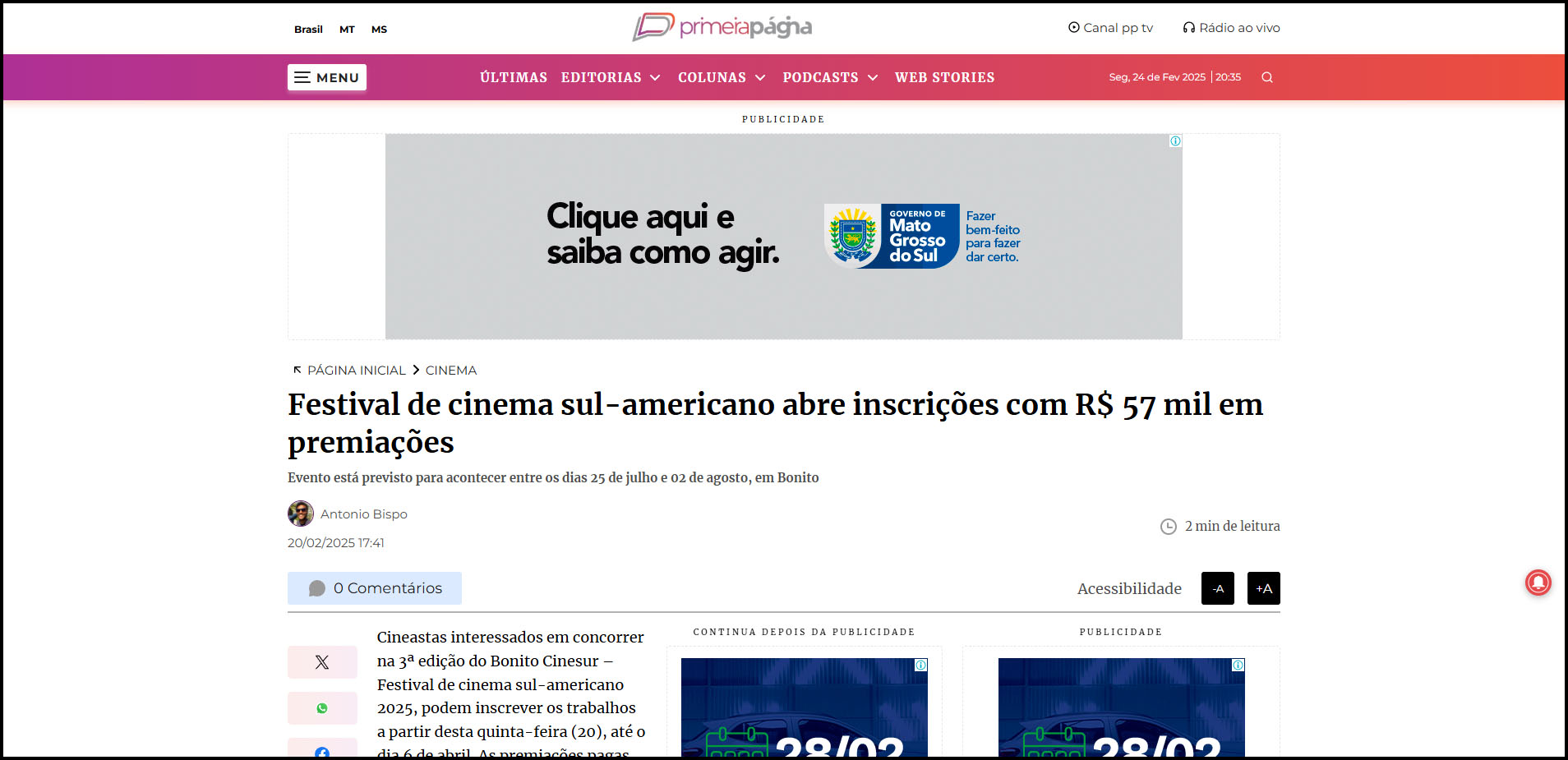 Primeira Página: Festival de cinema sul-americano abre inscrições com R$ 57 mil em premiações Primeira Página: Festival de cinema sul-americano abre inscrições com R$ 57 mil em premiações