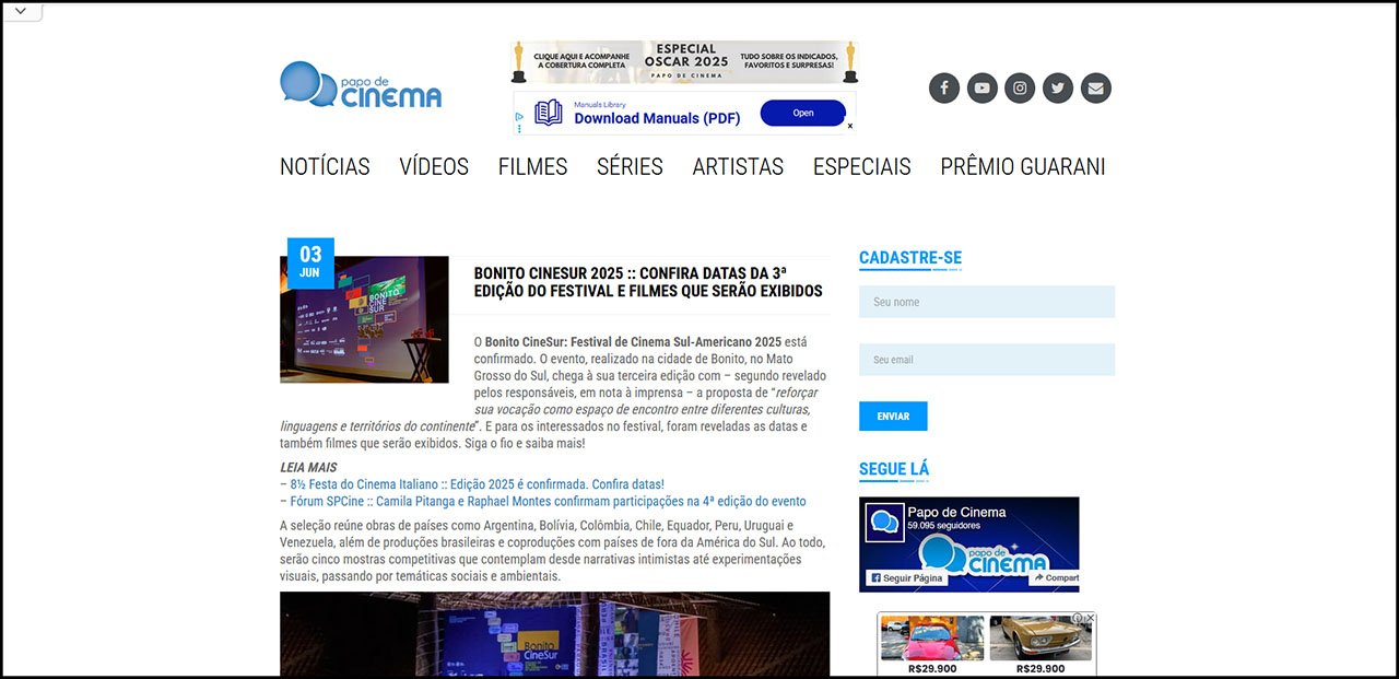 Papo de Cinema: Confira datas da 3ª edição do Bonito CineSur 2025 e filmes que serão exibidos Papo de Cinema: Confira datas da 3ª edição do Bonito CineSur 2025 e filmes que serão exibidos