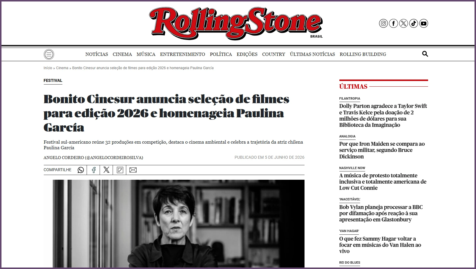 Rolling Stone: “Bonito CineSur anuncia seleção de filmes para edição 2026 e homenageia Paulina García”