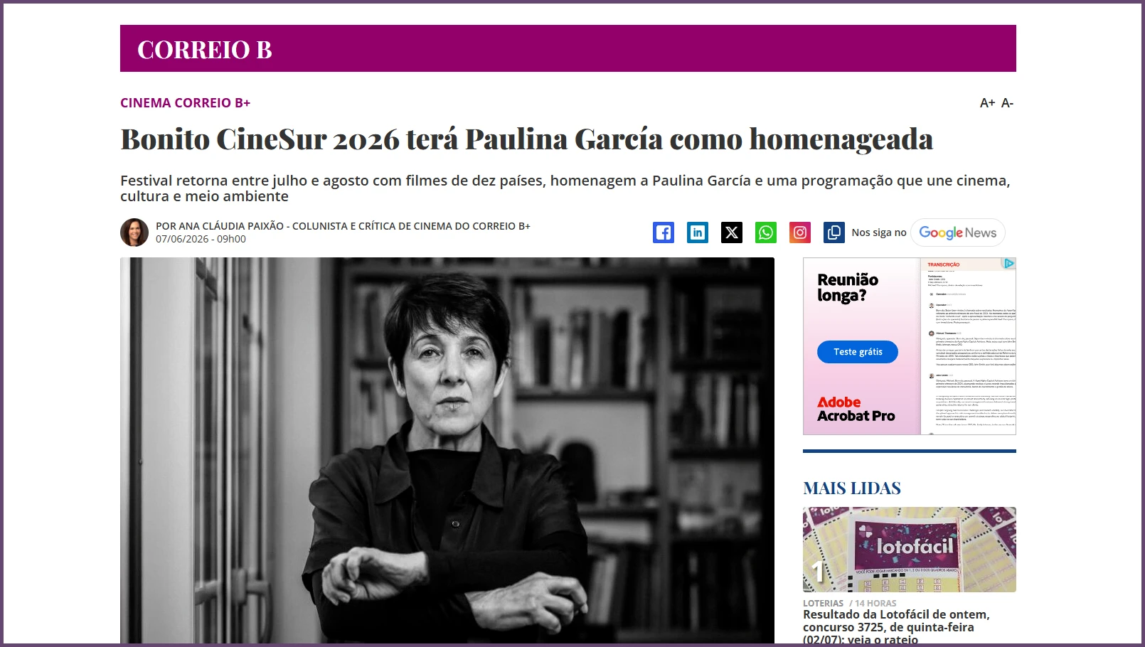 Correio do Estado: "Bonito CineSur 2026 terá Paulina García como homenageada"