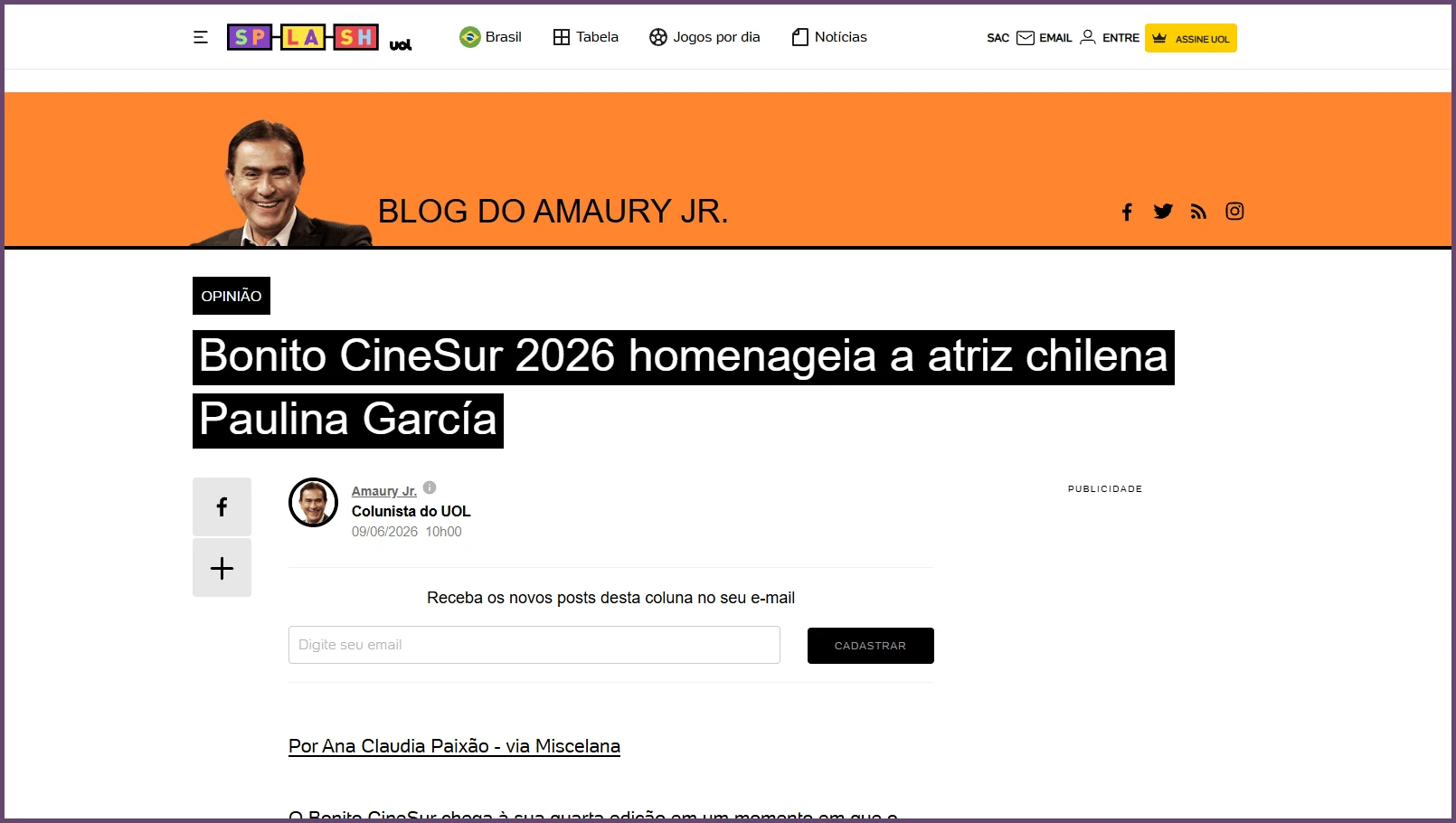 Amaury Jr.: "Bonito CineSur 2026 homenageia a atriz chilena Paulina García"