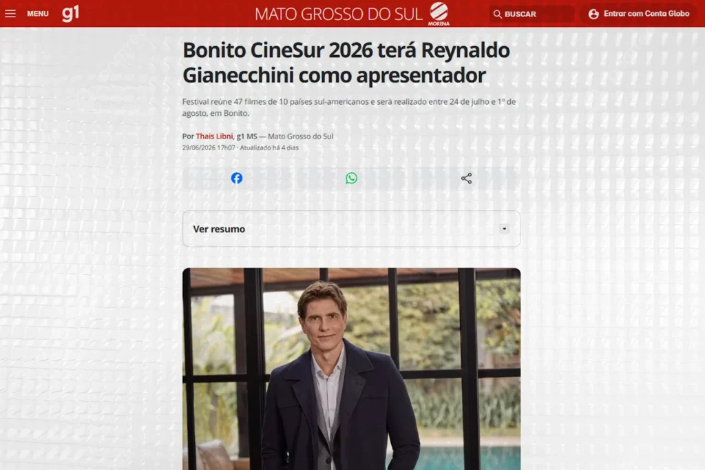 G1 MS: Bonito CineSur 2026 terá Reynaldo Gianecchini como apresentador