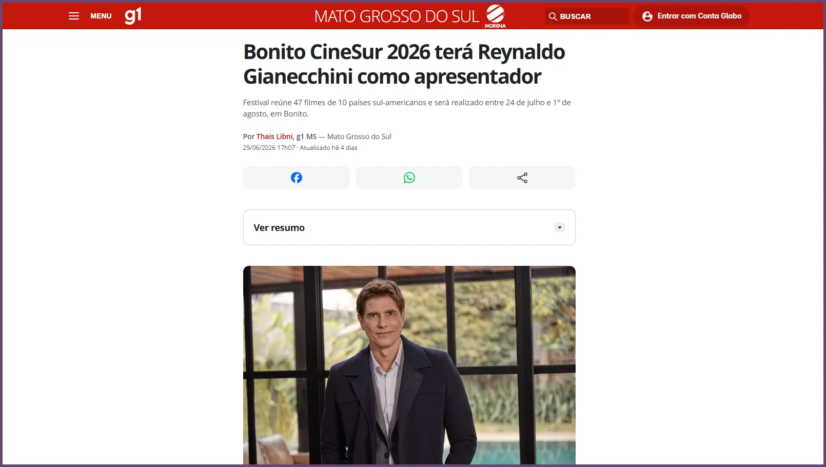 G1 MS: Bonito CineSur 2026 terá Reynaldo Gianecchini como apresentador