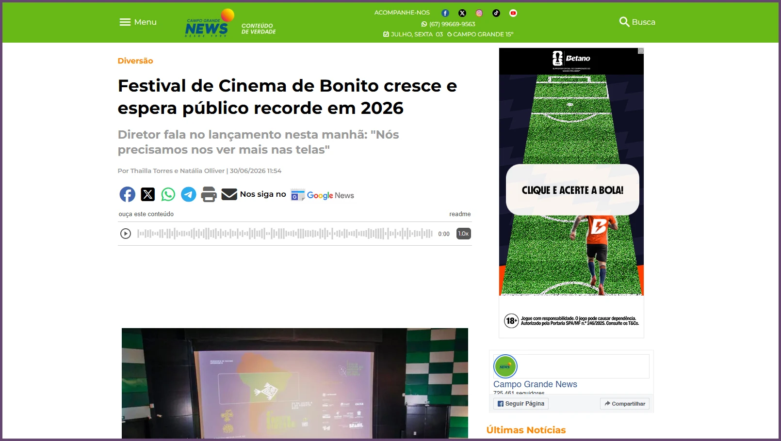 Campo Grande News: "Festival de Cinema de Bonito cresce e espera público recorde em 2026"