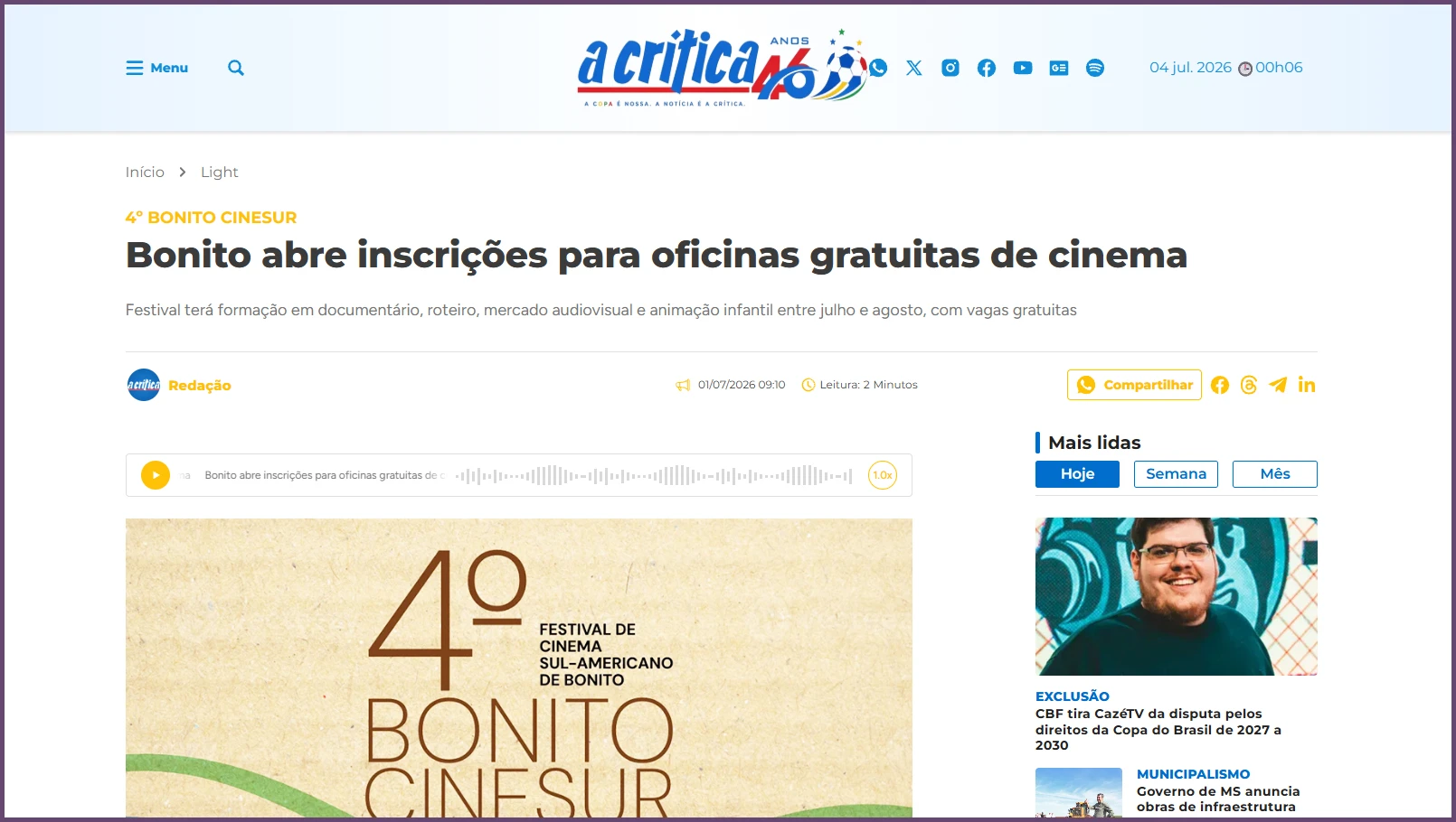 A Crítica CG: "Bonito abre inscrições para oficinas gratuitas de cinema"