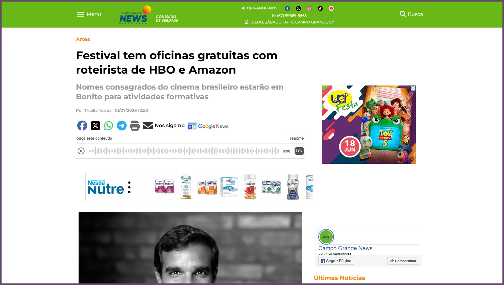 Campo Grande News: "Festival tem oficinas gratuitas com roteirista de HBO e Amazon