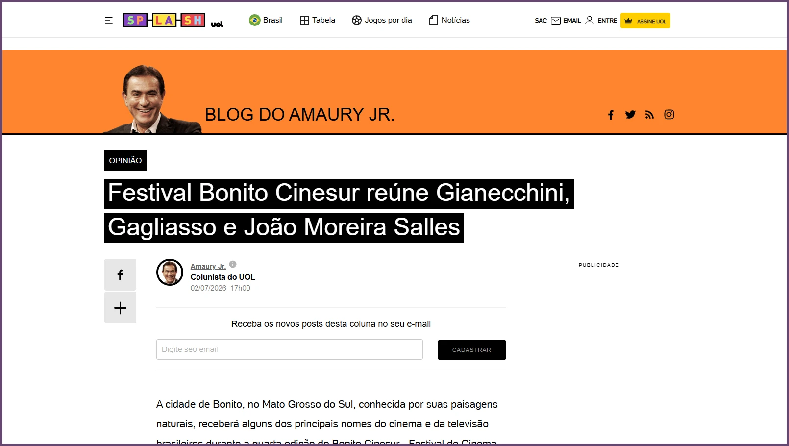 Amaury Jr: "Festival Bonito Cinesur reúne Gianecchini, Gagliasso e João Moreira Salles"