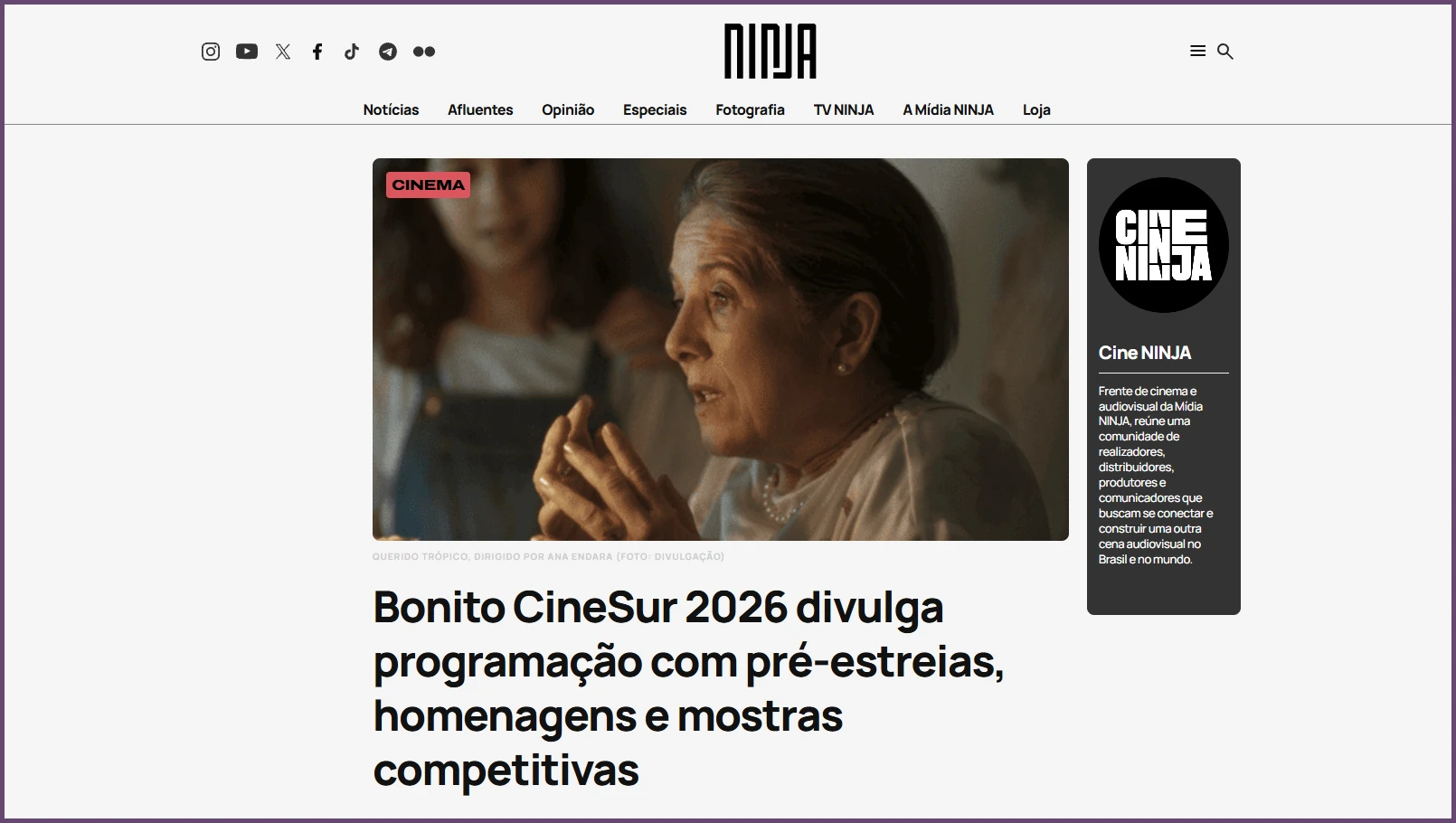Mídia Ninja: "Bonito CineSur 2026 divulga programação com pré-estreias, homenagens e mostras competitivas"