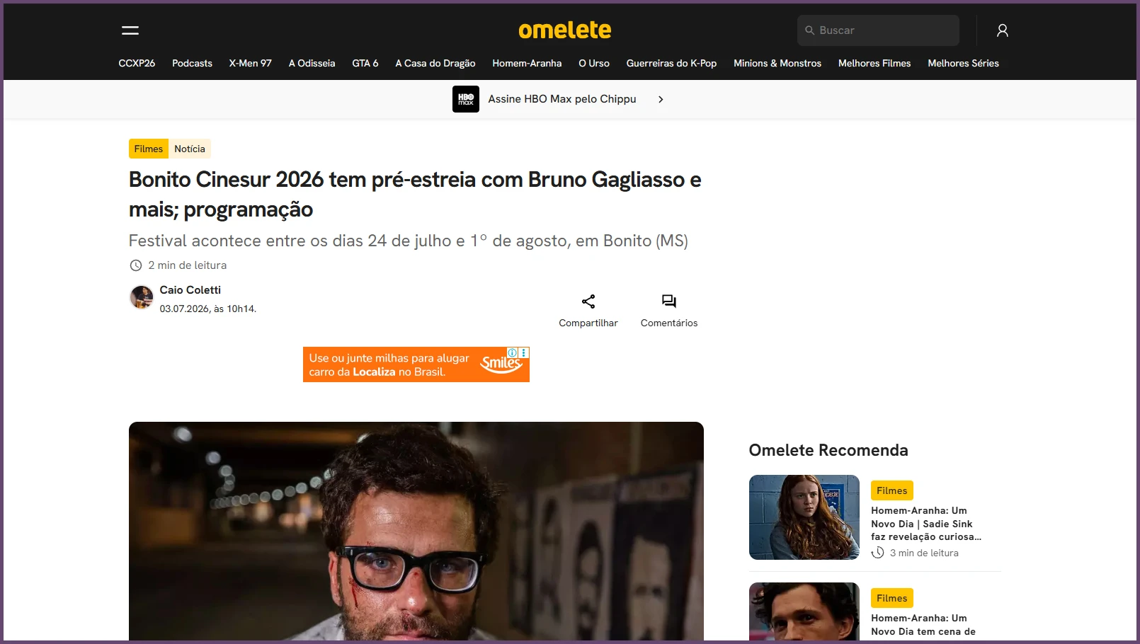 Omelete: "Bonito Cinesur 2026 tem pré-estreia com Bruno Gagliasso e mais"