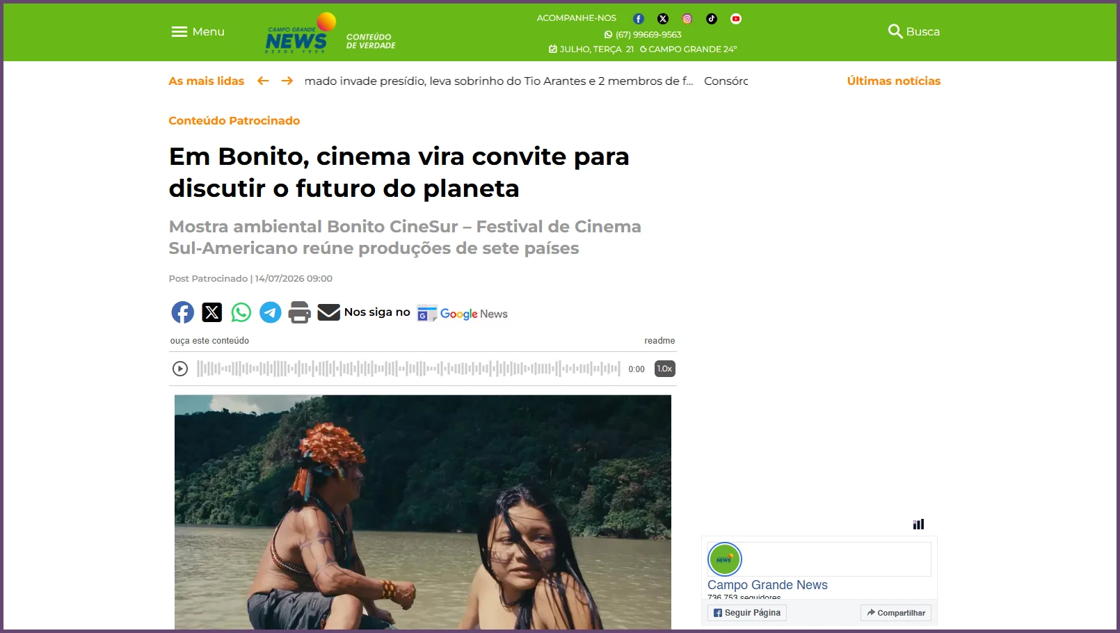Campo Grande News: Em Bonito, cinema vira convite para discutir o futuro do planeta