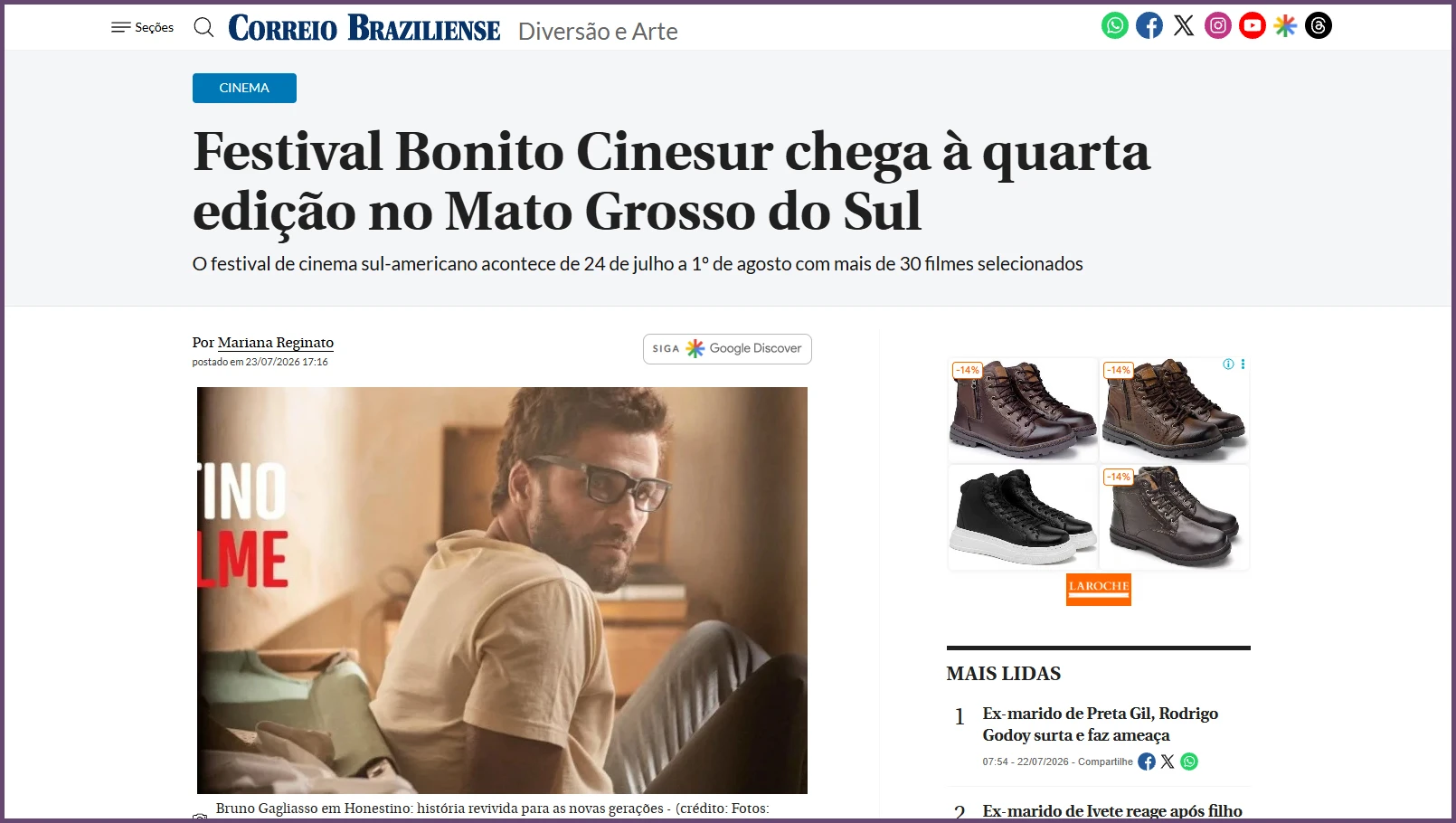 Correio Braziliense: Festival Bonito CineSur chega à 4ª edição no Mato Grosso do Sul