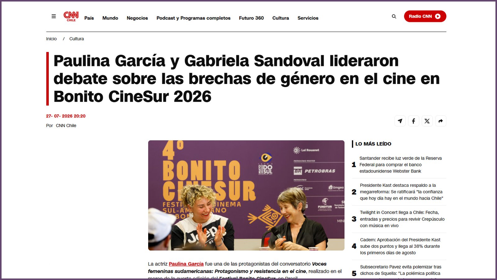 CNN Chile: Paulina García y Gabriela Sandoval lideraron debate sobre las brechas de género en el cine en Bonito CineSur