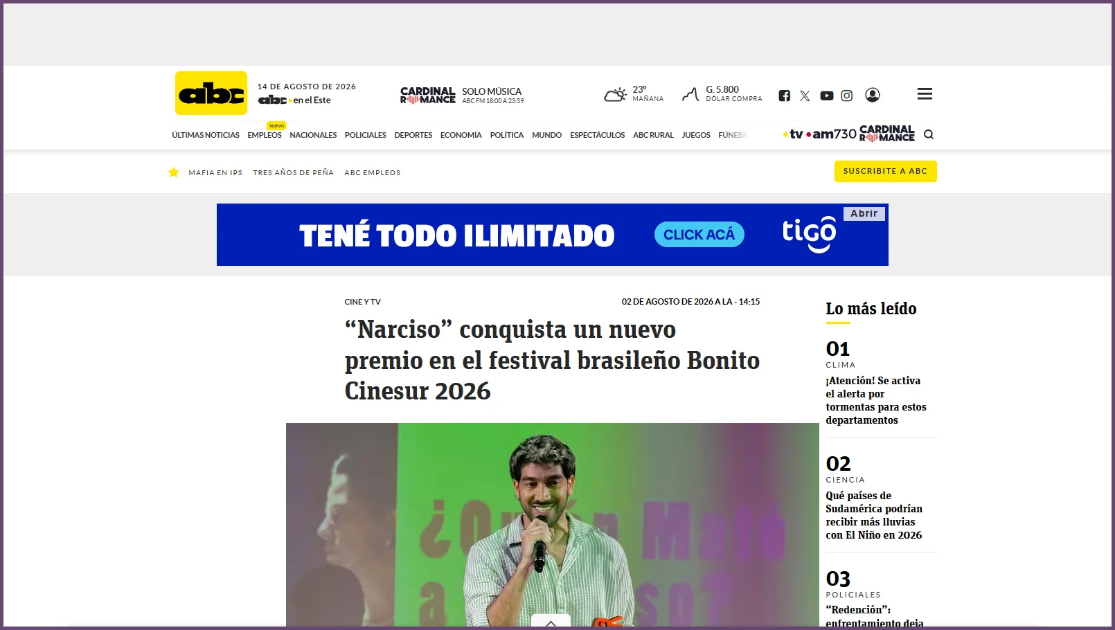 ABC PY: "Narciso" conquista un nuevo premio en el festival brasileño Bonito Cinesur 2026