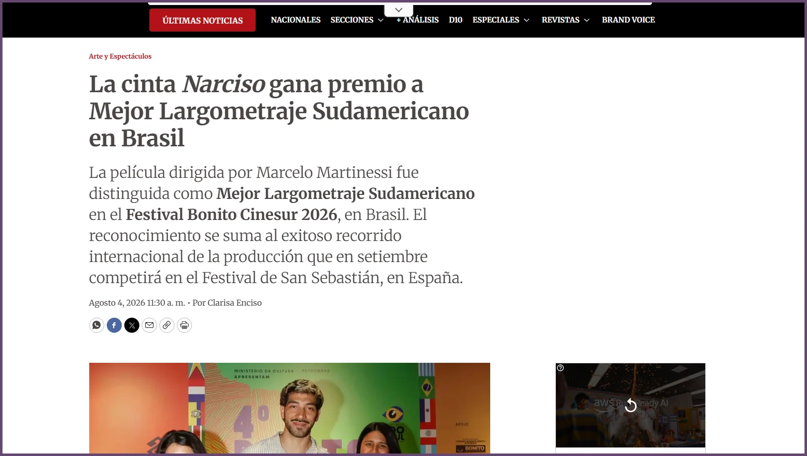 Última Hora PY: La cinta Narciso gana premio a Mejor Largometraje Sudamericano en Brasil