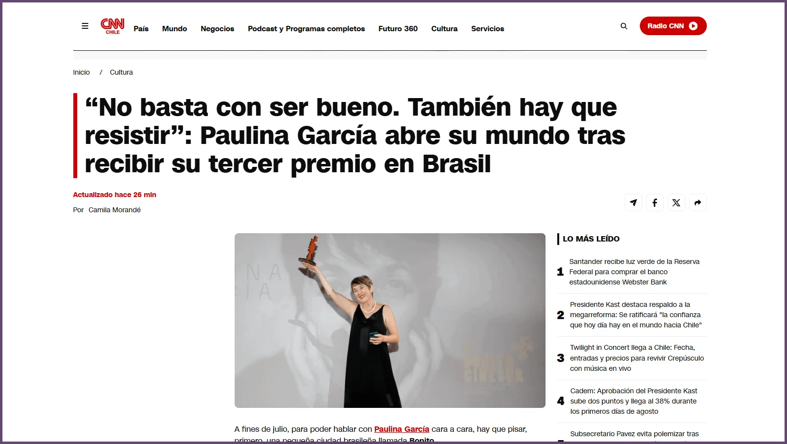CNN Chile: Paulina García abre su mundo tras recibir su tercer premio en Brasil